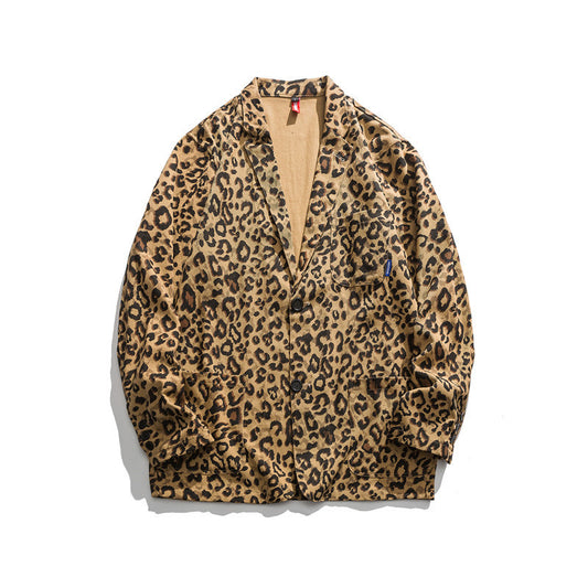 Spring New National Tide Fried Street Wild Loose Embroidered Leopard Print Fine Canvas Blazer