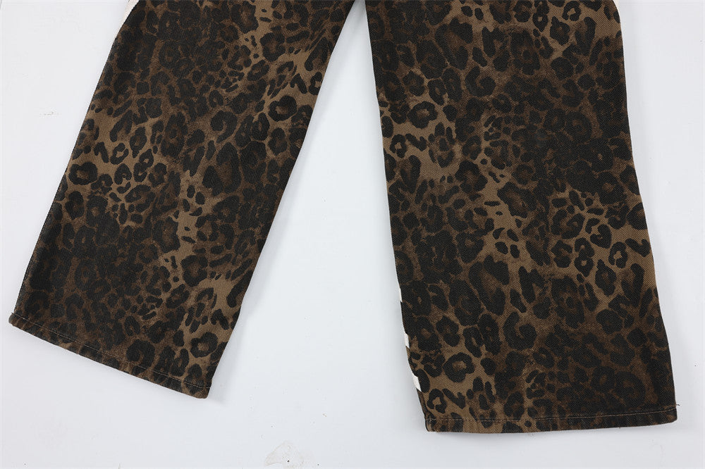 Leopard Print Denim Straight-leg Pants Men