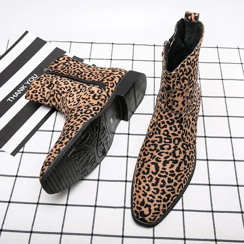 Autumn Fashion High Top Leather Handmade Shoes Men Leopard Chelsea