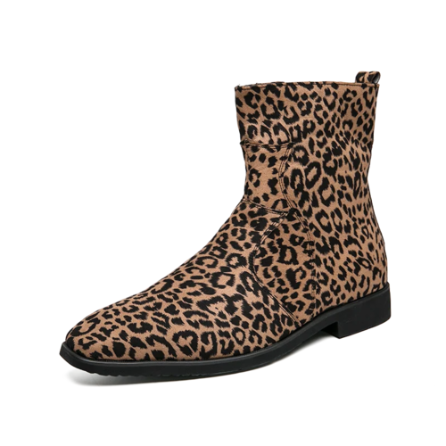 Autumn Fashion High Top Leather Handmade Shoes Men Leopard Chelsea