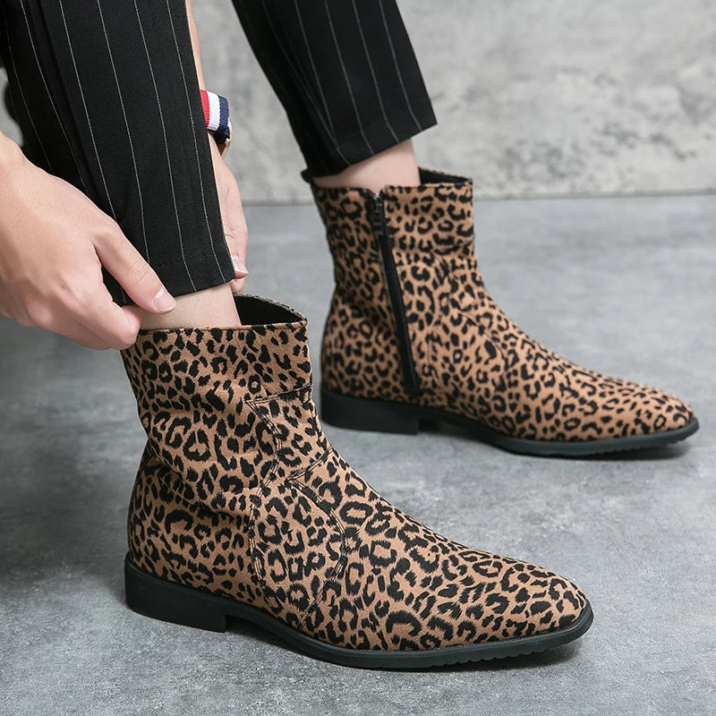 Autumn Fashion High Top Leather Handmade Shoes Men Leopard Chelsea