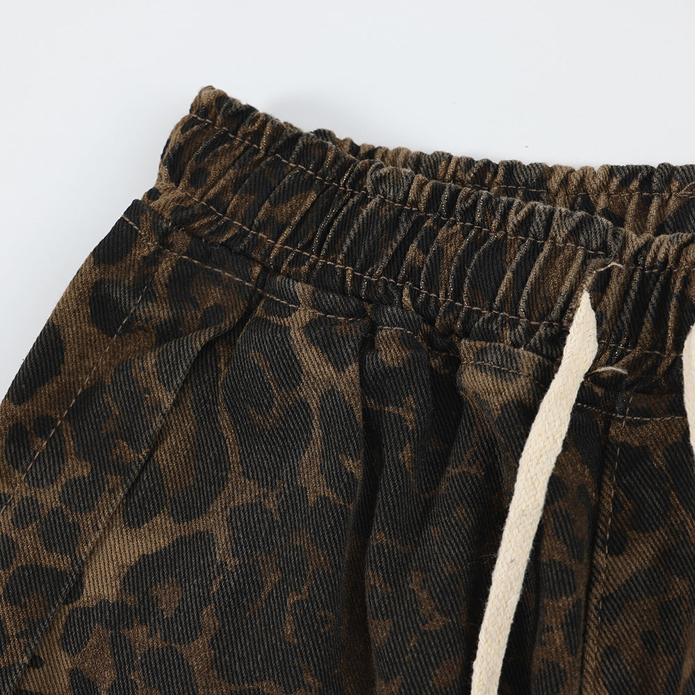 Leopard Print Denim Straight-leg Pants Men