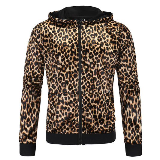 New British Men's Wear Leopard Print Hoodie Stretch